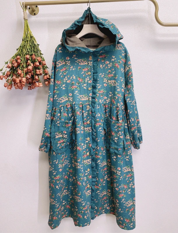 Female Aesthetic Cottage Core Retro Gypsy Cotton  Loose Hoodie Long Coats Autumn - £234.00 GBP