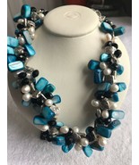 Vintage strand necklace bead choker twisted black turquoise blue chunky ... - £27.82 GBP