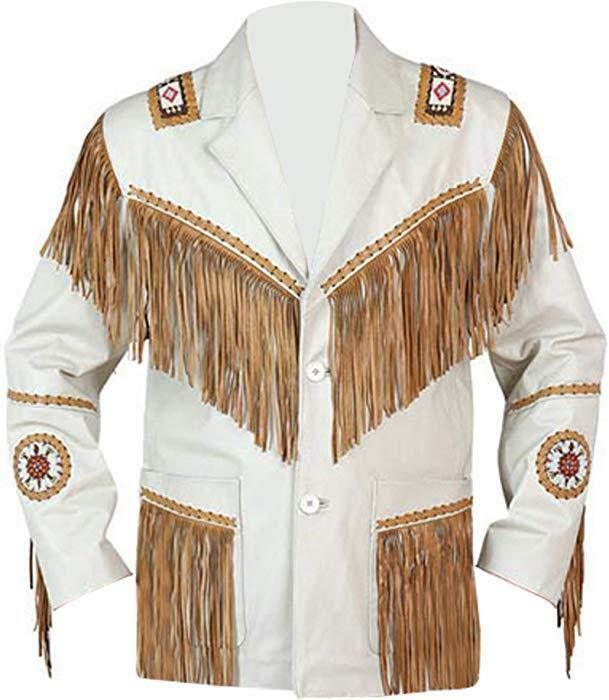 Mens Two Tone White Western Style Beaded Tan Fringed Finished Cow Leather Jacket