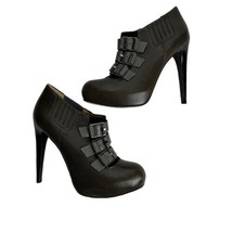LAMB Gwen Stefani King Triple Buckle Bootie Olive Gray Platform Heels Size 8.5 - £119.32 GBP