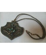Antique Tibetan Gau Prayer Box Necklace Turquoise Mesh Chain - $408.38
