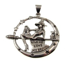 Solid 925 Sterling Silver Salem Witch &amp; Black Cat Love me Love my Broom Pendant - £49.68 GBP