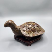 Bamboo Jasper Turtle Figurine Hand Carved Statue Wood Base Stone LARGE Tortoise - £153.04 GBP