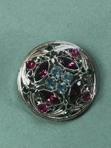 Vintage SarahCov Marked Large Silvertone Domed Circle w Purple Pink Blue &amp; Green - £10.55 GBP