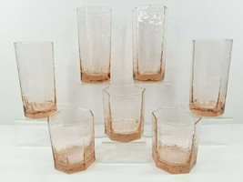 Libbey Facets Pink Peach 4) Cooler 3) Old Fashioned Vintage Glasses Octagon Set - £70.95 GBP