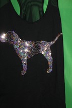 Victoria&#39;s Secret Pink Bling Black Gold Glitter Dog Image On Tank Top Size Small - £39.56 GBP