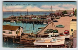 Postcard Yacht Basin Perth Amboy New Jersey Fishing Boats Old Cars Linen 1955 - £53.21 GBP