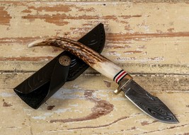 Custom Handmade 8&quot; Damascus Stag Antler Handle Hunting Ren Fair Feast Knife - £24.29 GBP