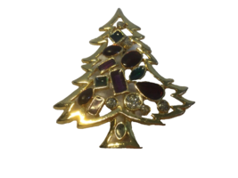 Christmas Tree Brooch Unmarked Red &amp; Green Enameling Clear Rhinestones Goldtone - £5.27 GBP