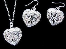 Silver Tone Filigree Puffy Heart Pendant Necklace Pierced Earrings Set - £14.21 GBP