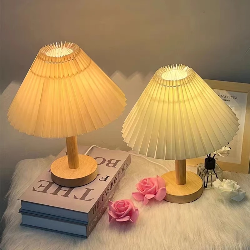 Retro Pleated Table Lamp Korean Wood Dimming Paper Desk Lamp Cute Creati... - $28.31+