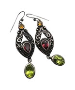 Vintage Signed Peridot Garnet Yellow Topaz Dangle Sterling Silver Drop E... - $56.09