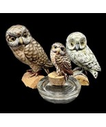 3 Wooden Owl Figurines;Hand Carved &amp; Hand Painted Perched On Logs Cabin ... - £40.35 GBP