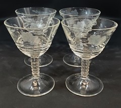 4-Vintage Etched Flowers Wine Water Goblet Stem Glass 5&quot; Excellent Condi... - £27.12 GBP