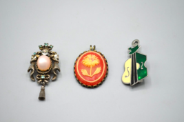 Jewelry Lot of 3 Brooches Enamel Guitar Red Flower Crown Ornate Pearl Coro - $28.84