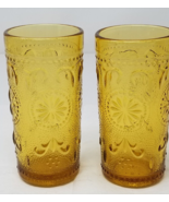 Amber Sunburst Juice Glasses Embossed Mid Century Modern 1960s Set of 2 - $18.95