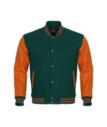 Letterman Varsity Bomber Baseball Jacket Green Body &amp; Orange Leather Sle... - £88.50 GBP