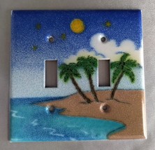 Tropical Beach Island Palm Trees Enameled Metal Double Light Switch Plate Cover - £15.68 GBP