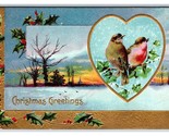 Winter Landscape Sparrows Holly Heart Christmas Greetings Embossed Postc... - $2.92