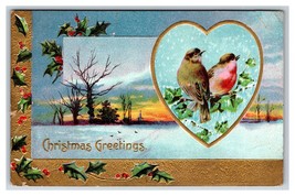Winter Landscape Sparrows Holly Heart Christmas Greetings Embossed Postcard J18 - £2.29 GBP