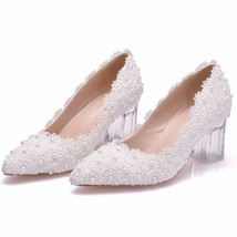 Women Block 7cm High Heels Lady Scarpins Satin Pumps Female Lace Wedding Shoes B - £58.10 GBP