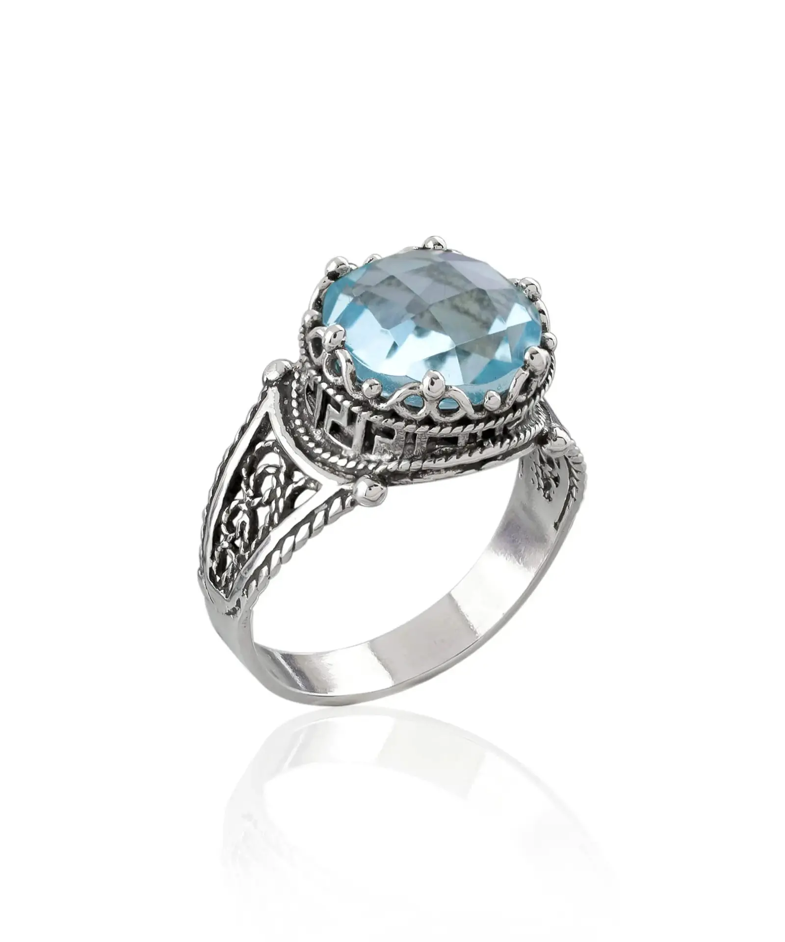 Greek Key Pattern Filigree Art Blue Topaz Gemstone Women Silver Cocktail Ring -  - £40.19 GBP