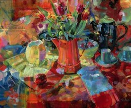 Framed canvas art print giclée Sienna Bouquet teapots tulip flowers tea cups - £31.30 GBP+