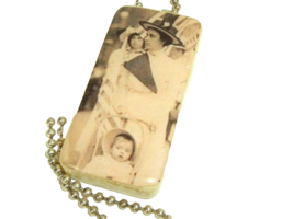 Handmade necklace Vtg Domino decoupage recycle image of baby woman wearing hats - £10.22 GBP