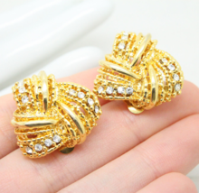 Stylish Vintage Crystal Rhinestone Gold Woven Knot Clip On EARRINGS Jewe... - £7.83 GBP