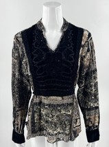 Lane Bryant Top Sz 14 / 16 Black Tan Lace Velour Embroidered Detail Blouse - £22.15 GBP