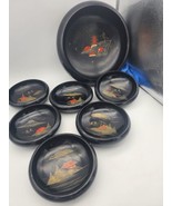 Vintage NTS Black Lacquer Ware Hand Painted Wood Japanese 7 Piece Bowl S... - $40.62 CAD