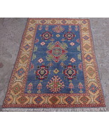 Blue and Gold Kazak 4x6 Caucasian Hand Knotted Wool Rug - $8,338.56 MXN