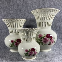 Complete Set Of Three Formalities By “Baum”Victorian Rose Ceramic Vase’s Elegant - £49.18 GBP