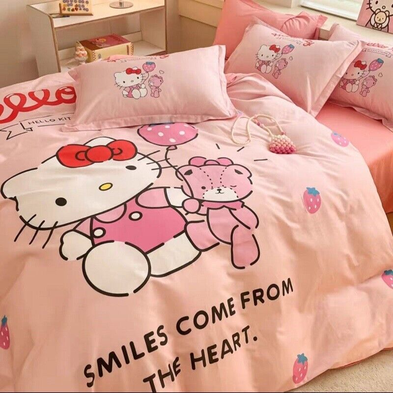 Sanrio Cartoon Hello Kitty 100% Cotton Duvet Cover Set Girls Kids' Bedding Set