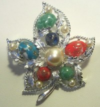 SARAH COVENTRY Brooch Pin Silver Leaf Faux Peals Turquoise Vintage 1960&#39;s 70&#39;s - £14.21 GBP