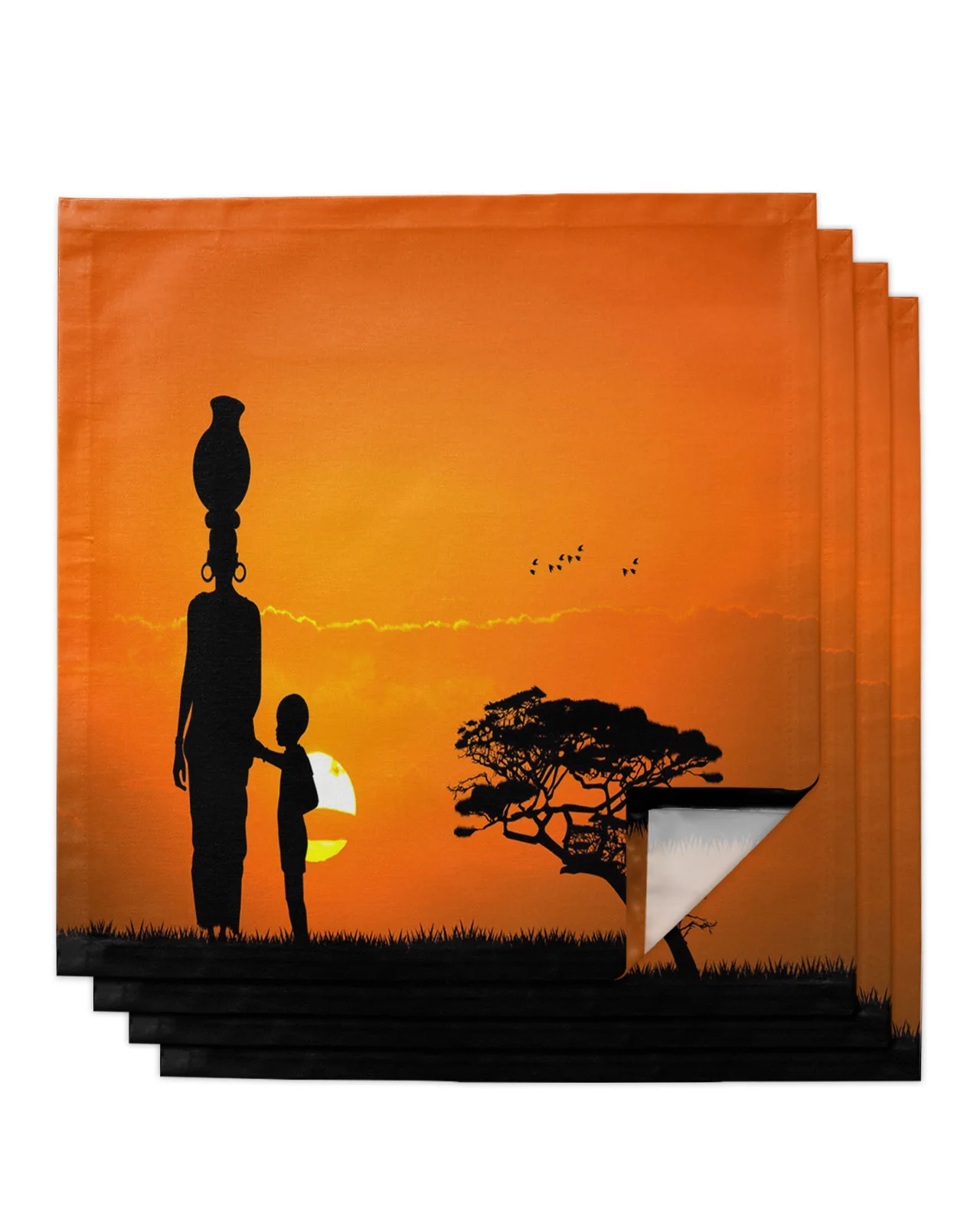 Sunset African Woman Child Tree Silhouettes Table Napkins Cloth Set Hand... - $30.65+
