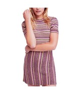 Free People Retro Cool Mini Dress Large 10 12 Pink Yellow Shimmer Knit Stretch - $58.06