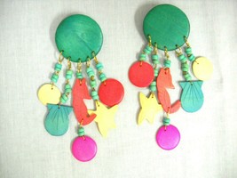 Surfside Seahorse Fish Star Colorful Beach Theme Long 5 Tassel Wooden Earrings - £8.03 GBP