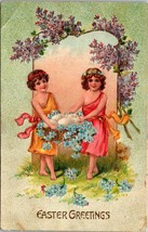 Easter Greetings - Girls Blue Flowers - Embossed Vintage Posted Postcard - $12.25