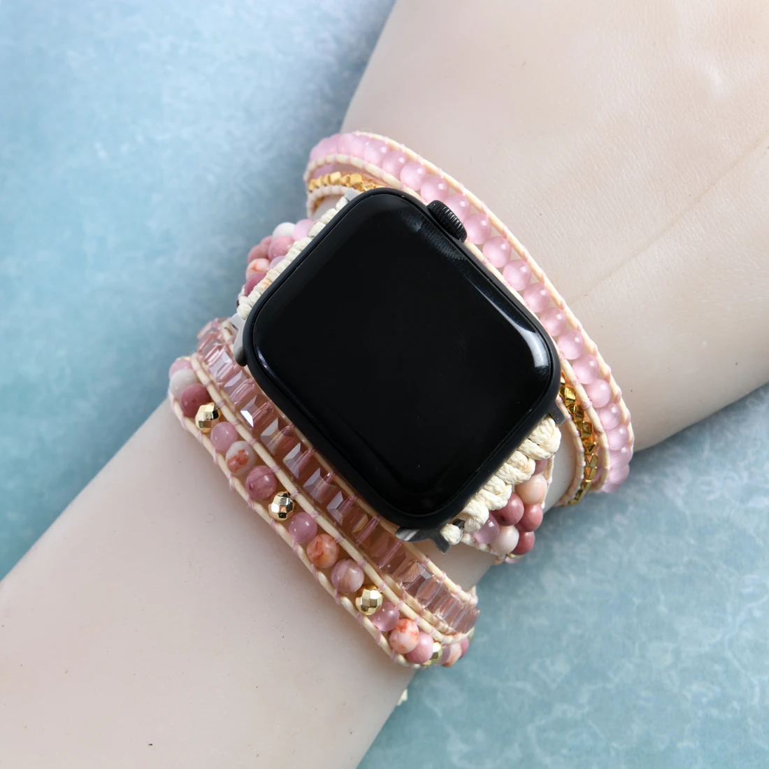 Pink Opal Natural Stone Apple Women Watch Band Beads Boho 5X Wrap Vegan Wax Rope - £26.92 GBP