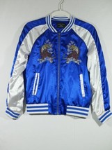Love Tree Jacket Woman&#39;s Medium Blue White Embroidered Tigers Bomber Satin - £12.49 GBP