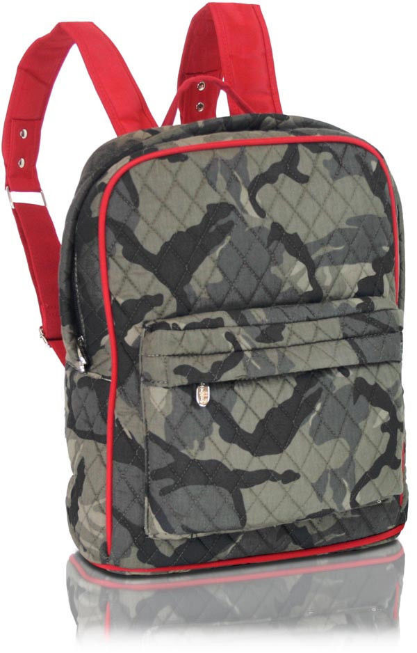QUILTED BACKPACK Green Camo Red Trim Book Tote Bookbag Bag Day Overnight... - $26.72