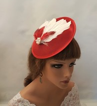HAT FASCINATOR Vintage 40s 50 RED Hat Red and White Feather Hat Fascinator Race  - £35.39 GBP