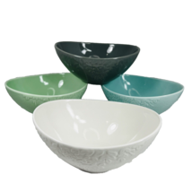 Toptier 4 Pc Porcelain Bowls 28Oz Cereal Salad Leaf Design Green Gray Blue White - £39.90 GBP