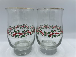 Libbey Christmas Glasses Tumbers LRS3 Holly Gold Rim 5 1/4 &quot; 14 oz Set of 2 EUC - £9.33 GBP
