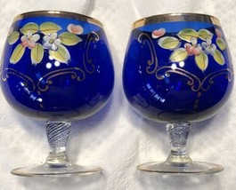 Czech Bohemian Cobalt Blue Hand Painted Wine Glass Cordial Set Of 2 Vintage - £39.38 GBP