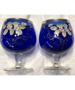 Czech Bohemian Cobalt Blue Hand Painted Wine Glass Cordial Set Of 2 Vintage - £38.88 GBP