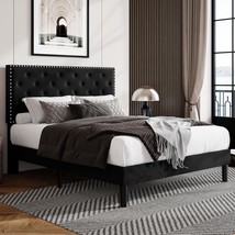 Allewie Queen Size Bed Frame: Black, Velvet Upholstered Platform Bed With - £152.00 GBP