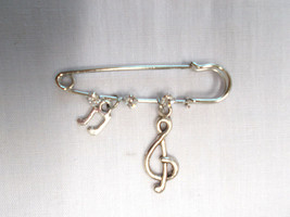 2&quot; Pin Brooch W 3 Crystals W Treble G Clef Double Music Note Dangling Charms - £4.81 GBP