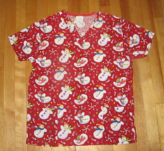 WS Fundamentally Red Snowman &amp; Candy Canes Nurses Scrub Top Size S - £11.85 GBP